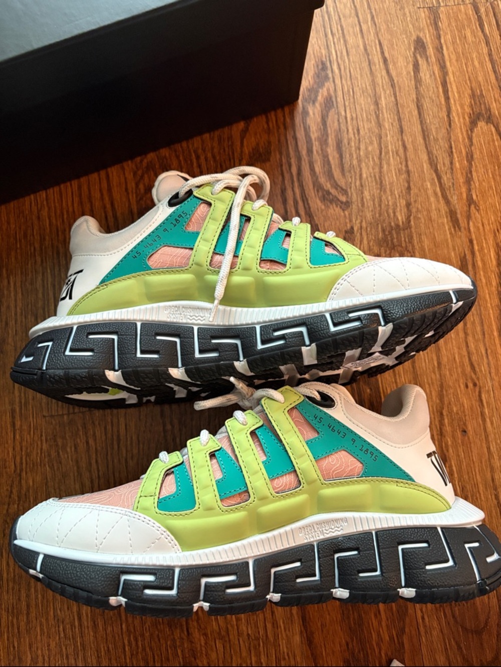 Versace Lime Green Teal Pink Greek Key Sneakers NWT dust bag and box - Picture 5 of 10